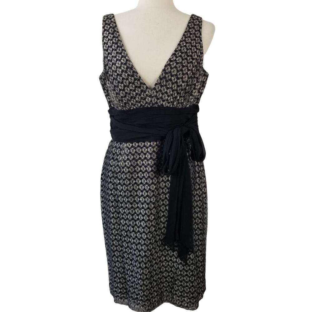 Maggie London Black Silver Tie Waist Mesh Silk Lace Lined Dress Nice Size 12